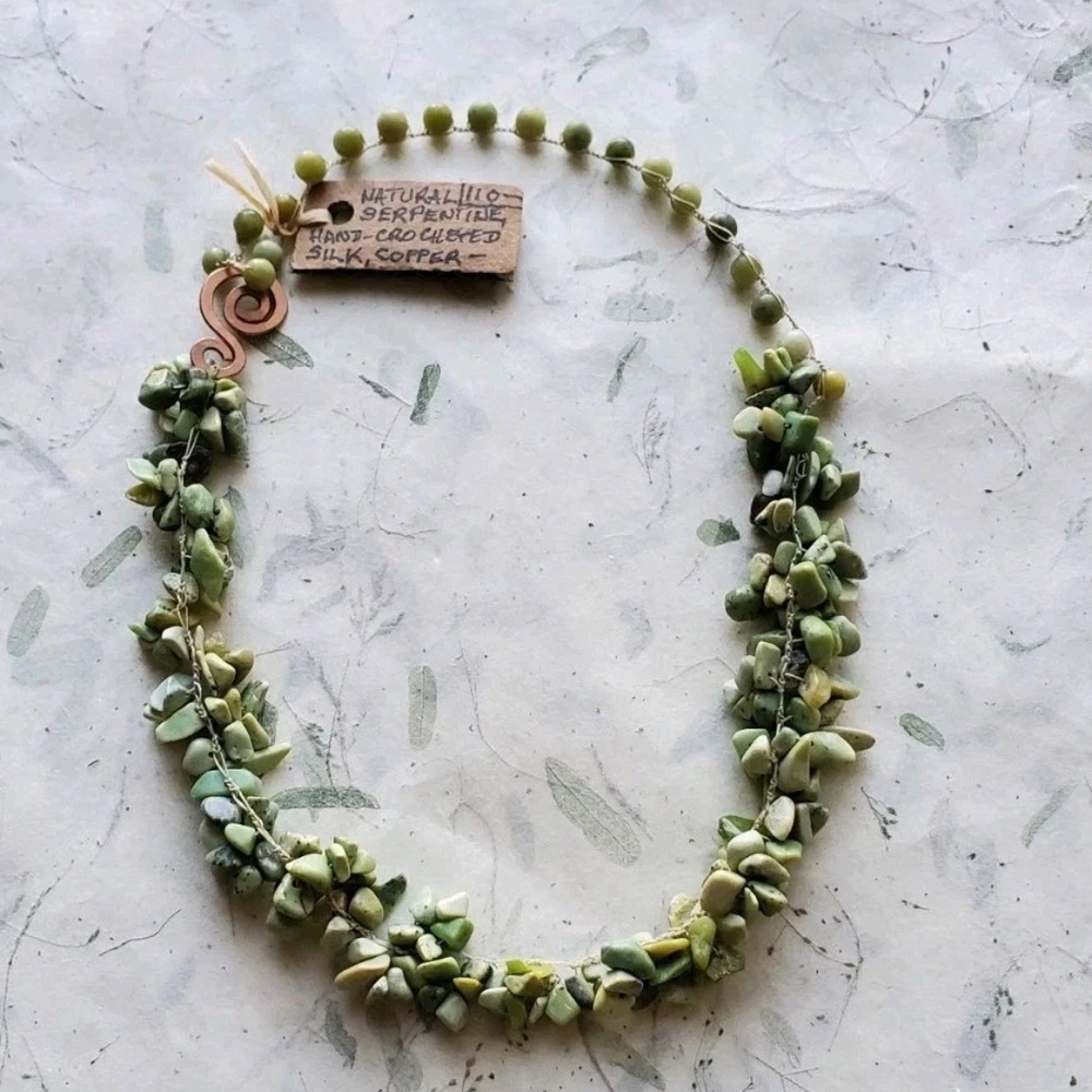 Artisan Serpentine Gemstone Beaded Necklace With Copper & Silk